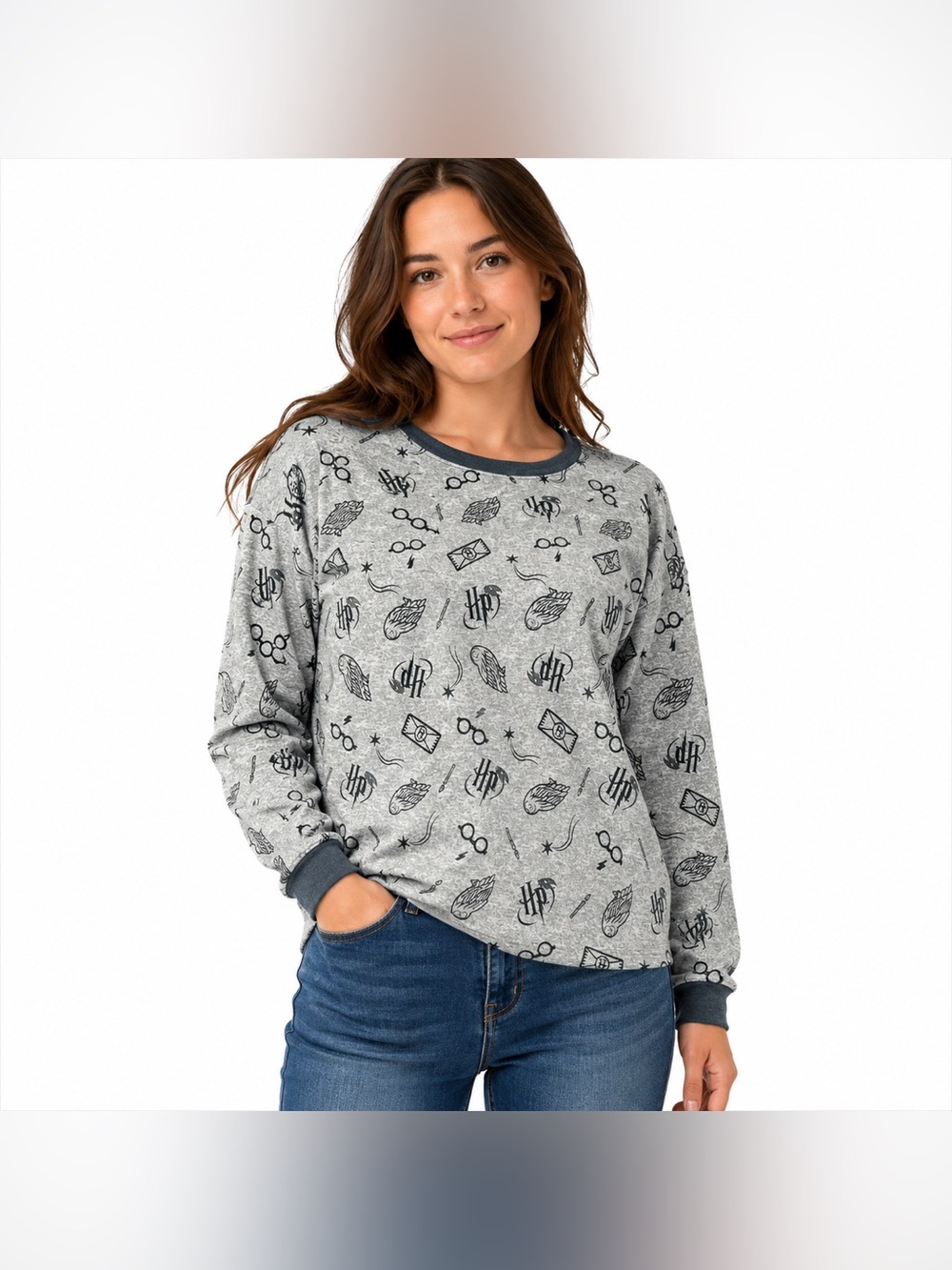Harry Potter Wizarding World All Over Print Long Sleeve Top Gray Medium